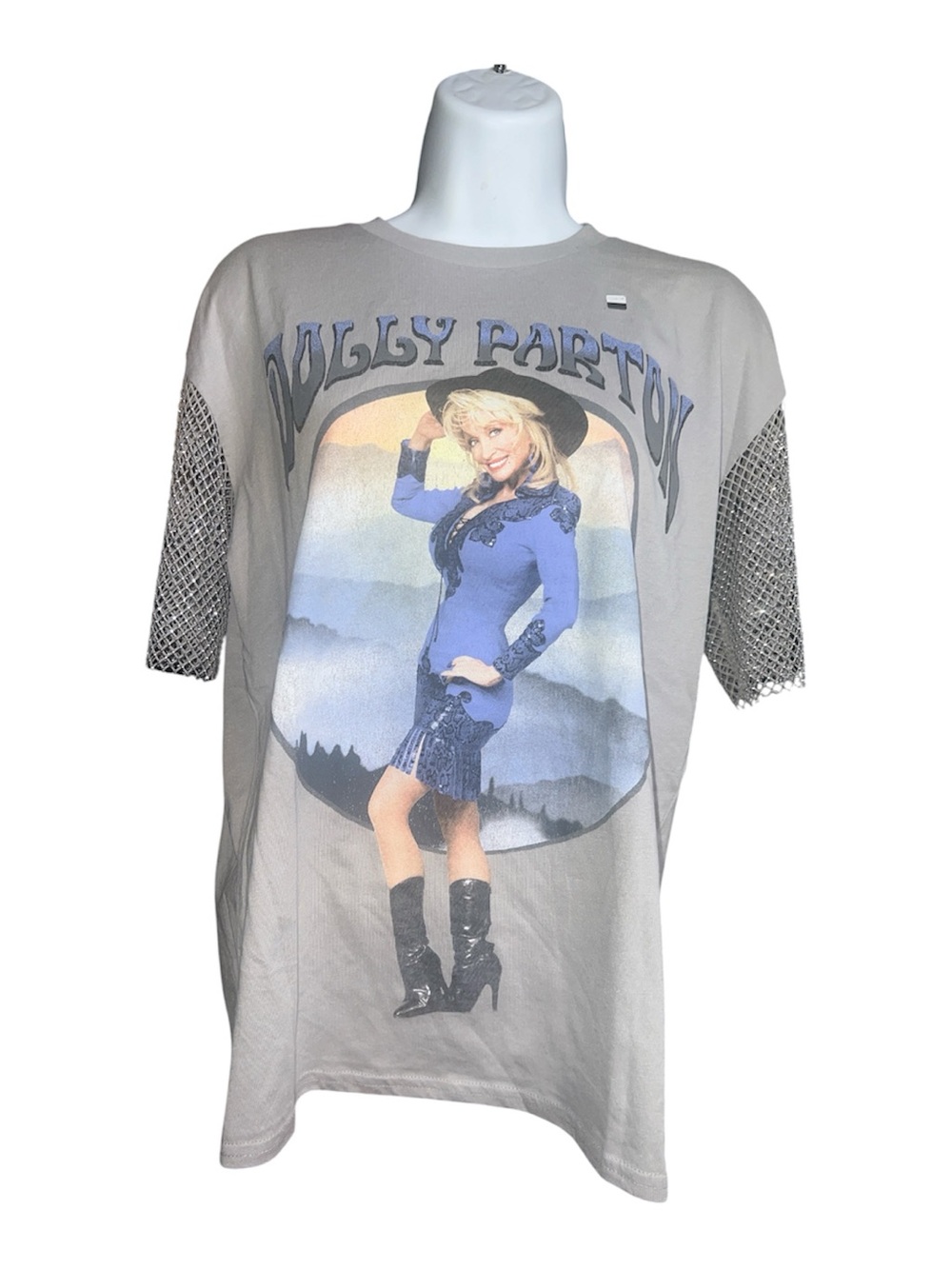 Dolly Parton Rhinestone Mesh Sleeve Graphic T-Shirt – Oversized M